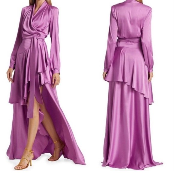 PatBo Orchid High Low Satin Ruffle Wrap Gown - Picture 1 of 9